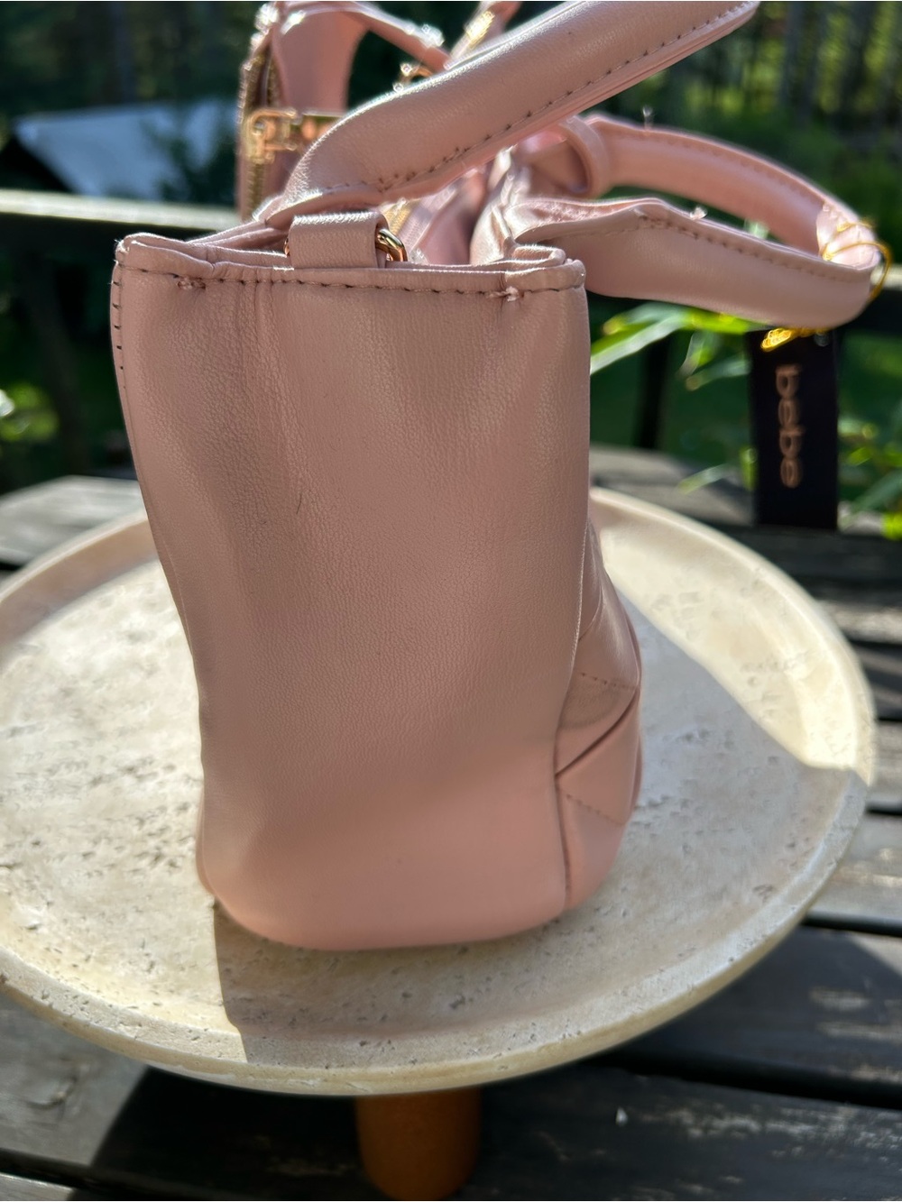 bebe Everett Quilted Satchel in Blush Pink with Gold Logo - Picture 6 of 10